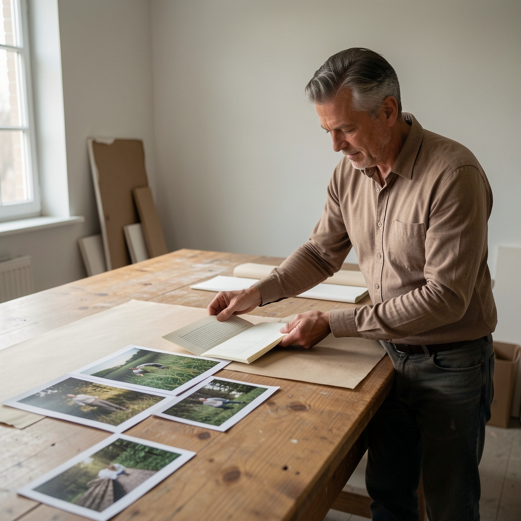 Editor arranging printed field notes and photographs on a large table in a quiet studio