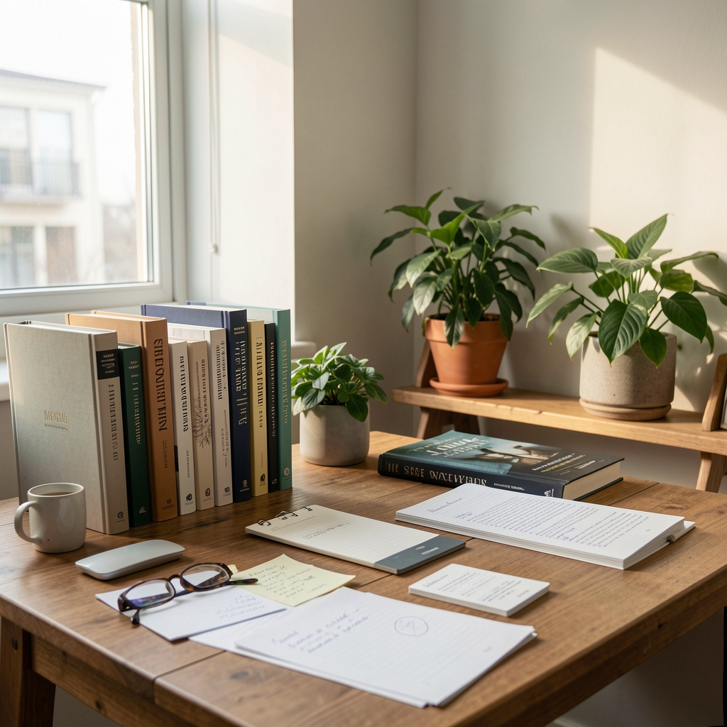 Bright Veneran editorial workspace with books, plants, and notes arranged beside a window
