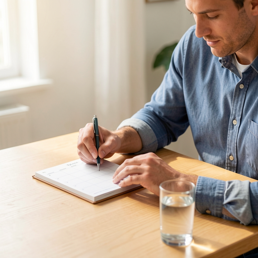 Man arranging a simple weekly planner and water glass on a bright wooden table