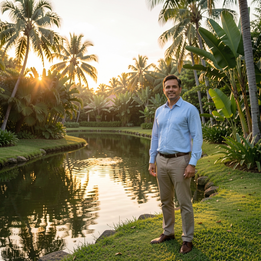 Man standing beside a calm garden pond at sunrise with balanced posture and tropical foliage
