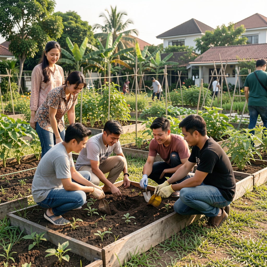 Small group preparing a simple outdoor activity beside a community garden in BSD City