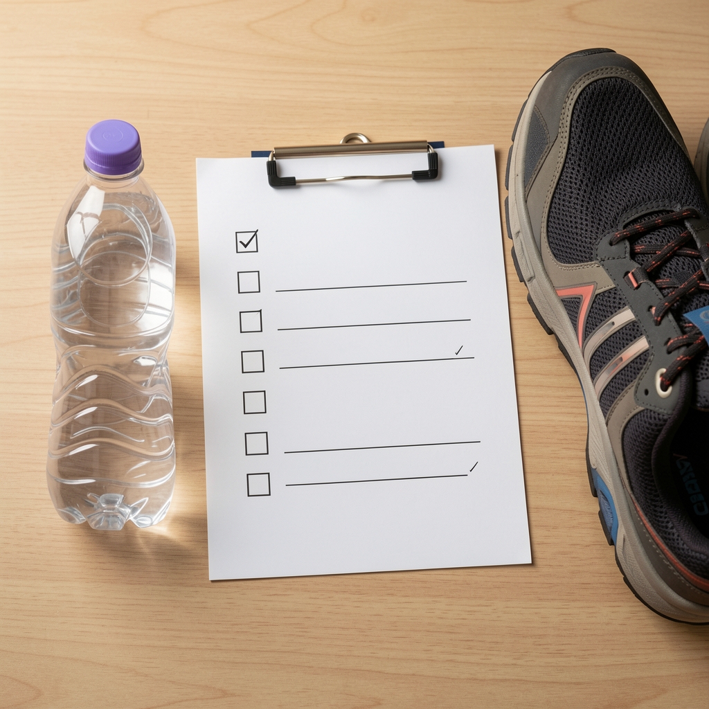 Simple printed movement checklist beside a water bottle and walking shoes