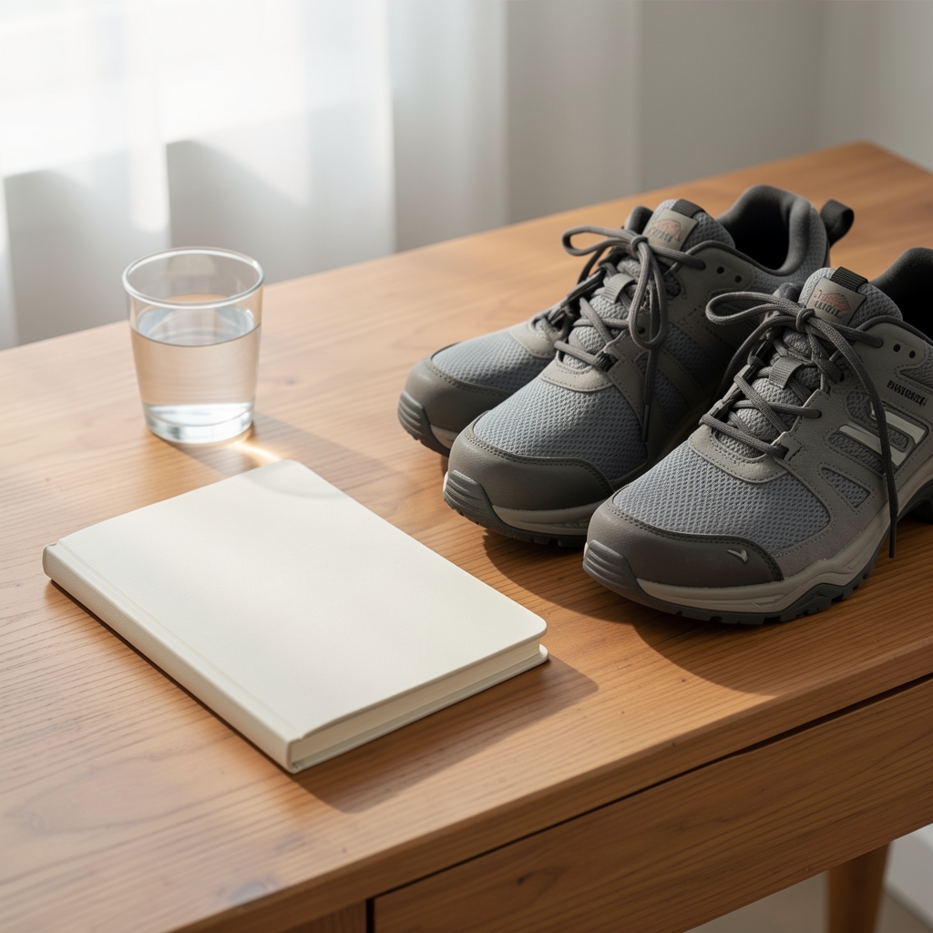 Notebook, water glass, and walking shoes arranged on a wooden desk