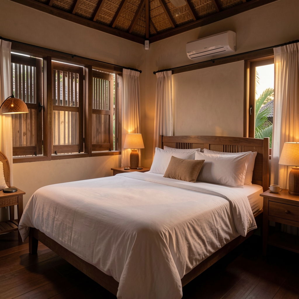 Quiet bedroom with linen bedding and soft evening light in an Indonesian home