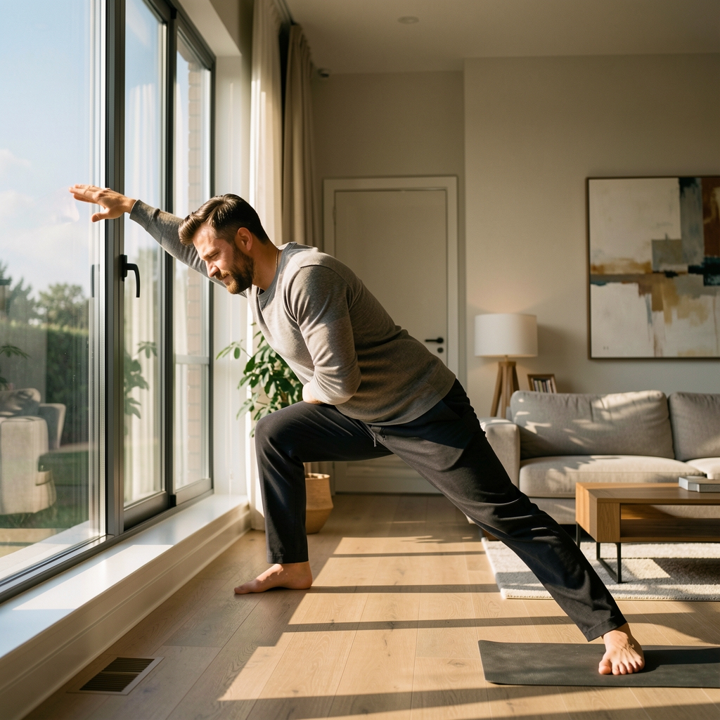 Calm Indonesian man stretching beside a sunlit window in a modern home interior