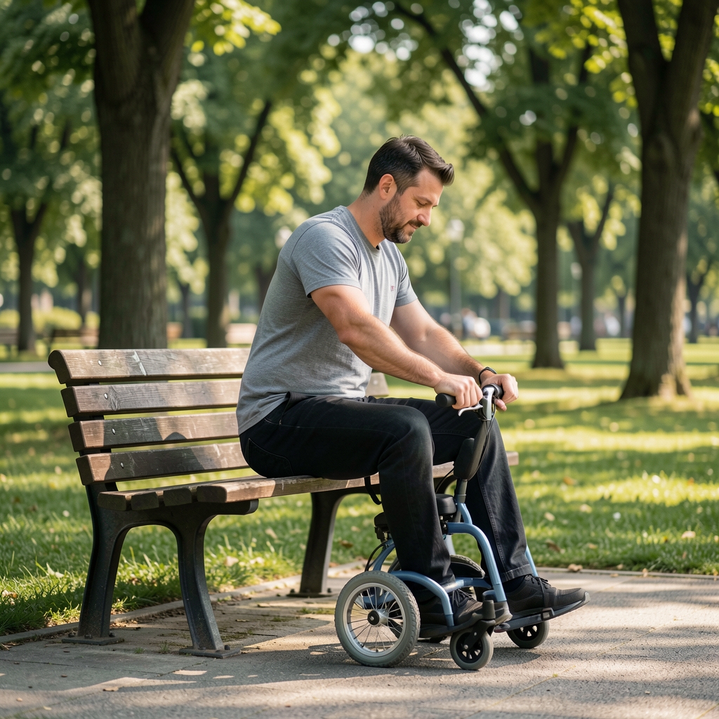 Man using a sturdy bench for a gentle outdoor mobility sequence in a shaded public park