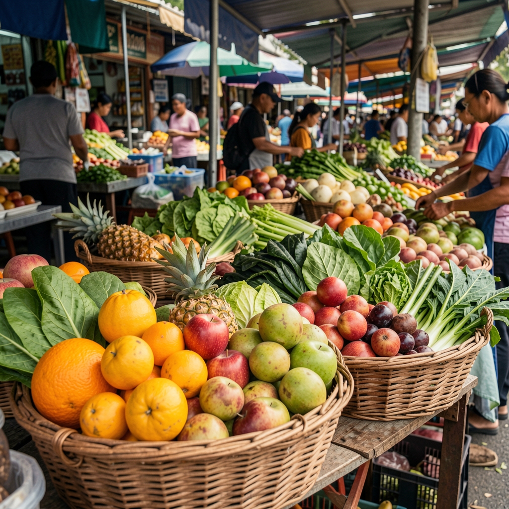 Fresh tropical fruit and leafy vegetables arranged in woven baskets at a local market