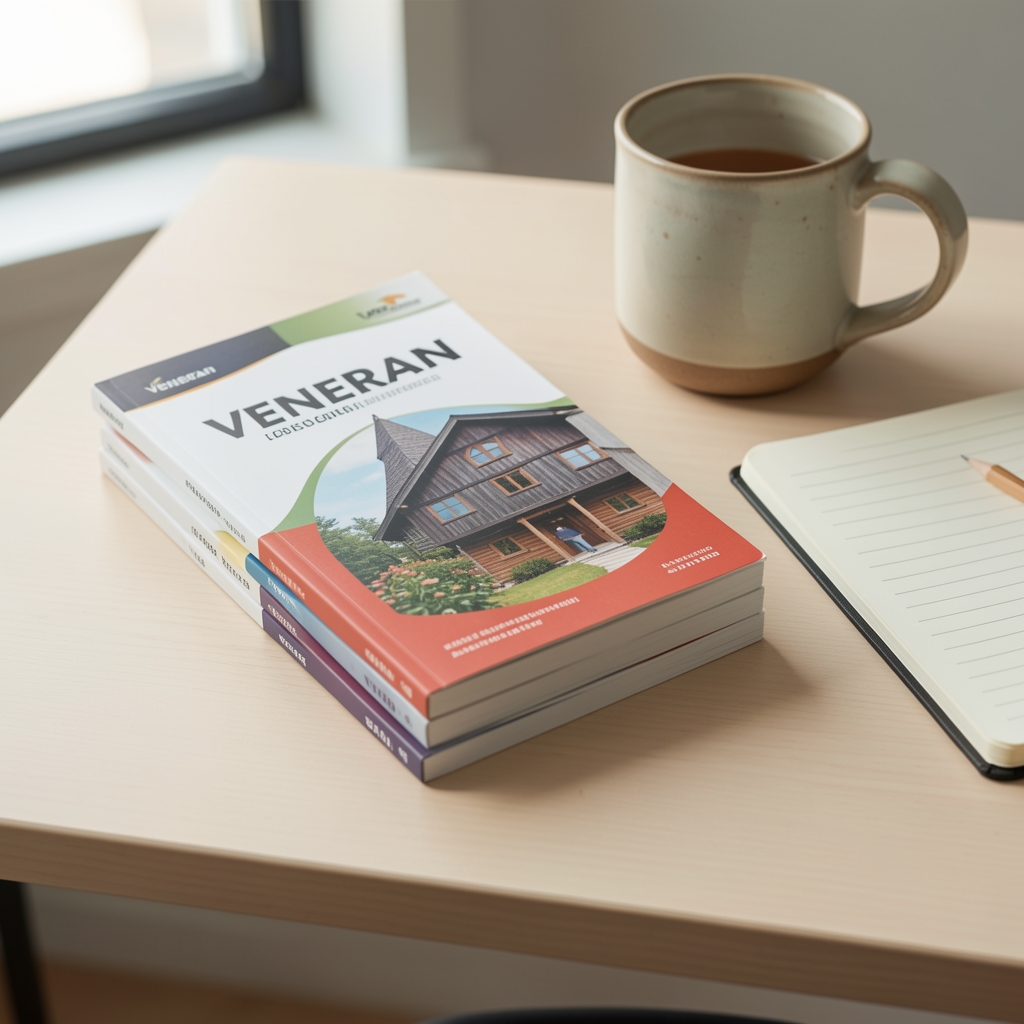 Stack of printed Veneran guides beside a notebook, pencil, and ceramic cup on a light desk