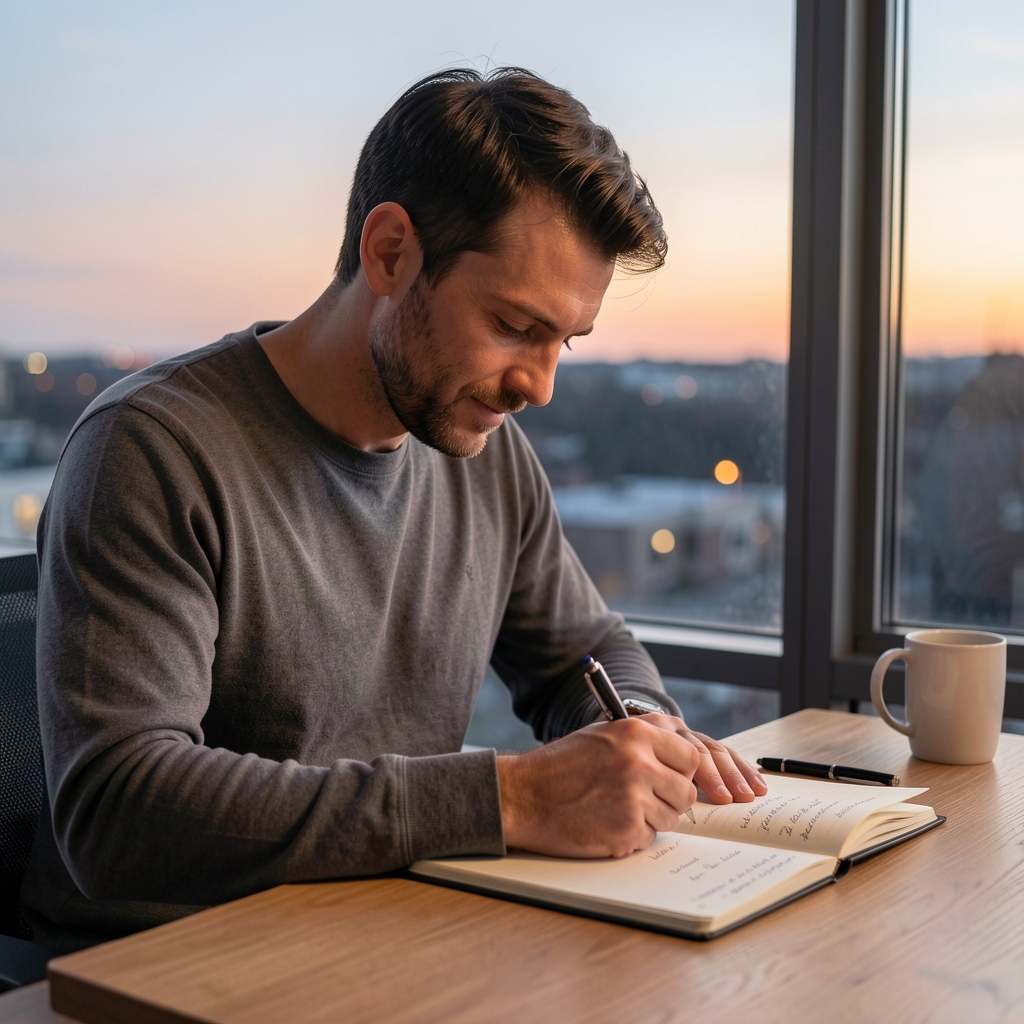 Man writing a simple daily routine in a notebook beside a window at dusk