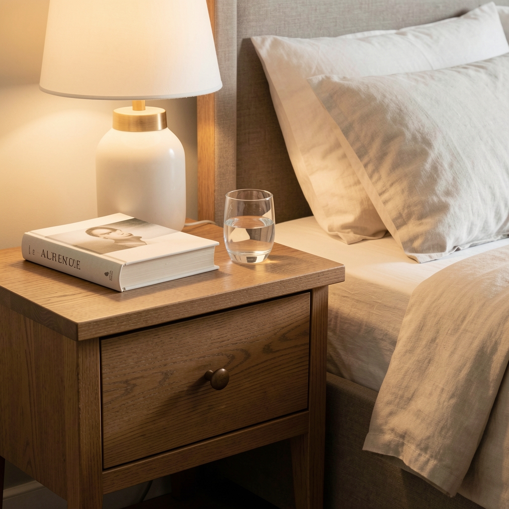Wooden bedside table with a book, ceramic water glass, and folded linen beside a softly lit bed