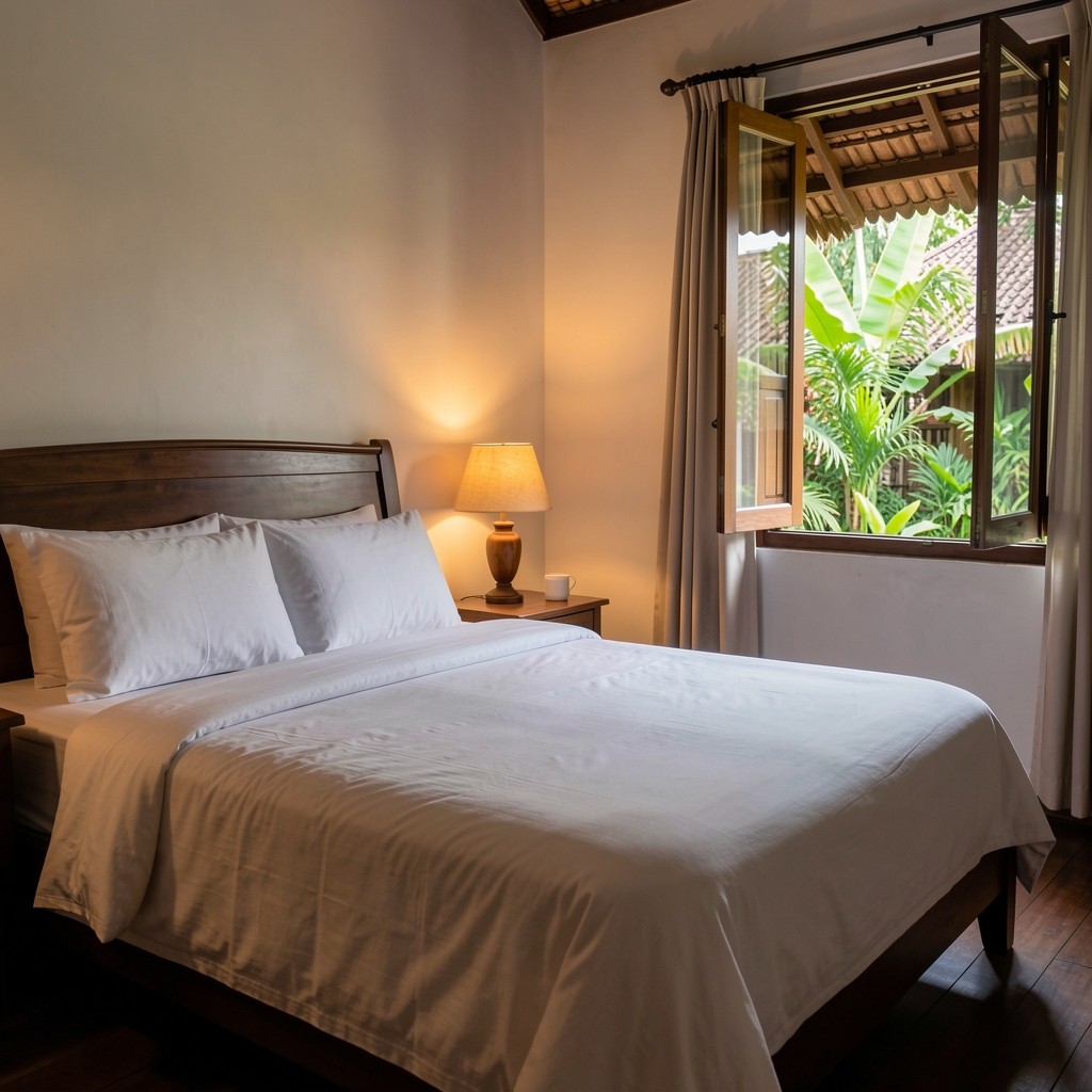 Quiet bedroom with linen bedding, warm lamp light, and an open window in an Indonesian home