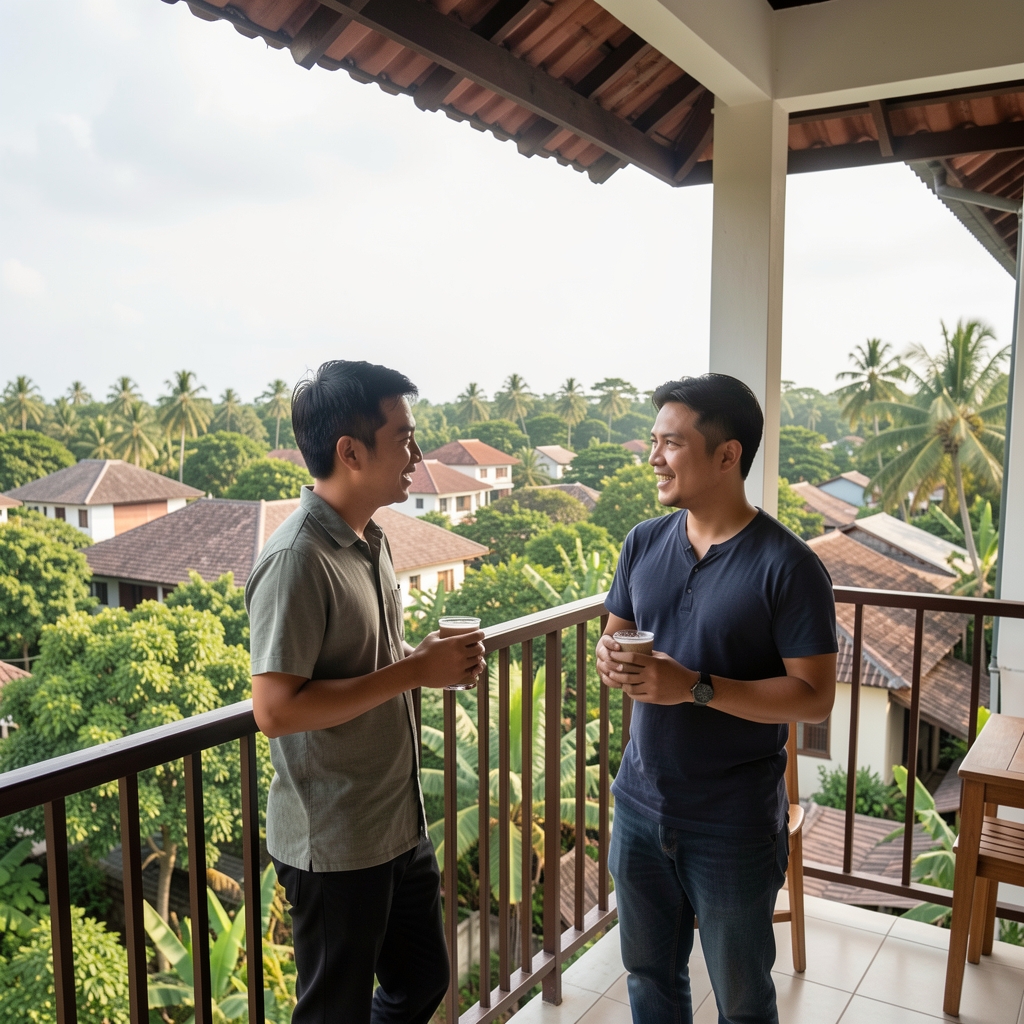 Two friends talking on a shaded balcony overlooking trees and low-rise buildings in Indonesia